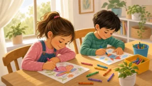 Kids doing indoor coloring activities at home