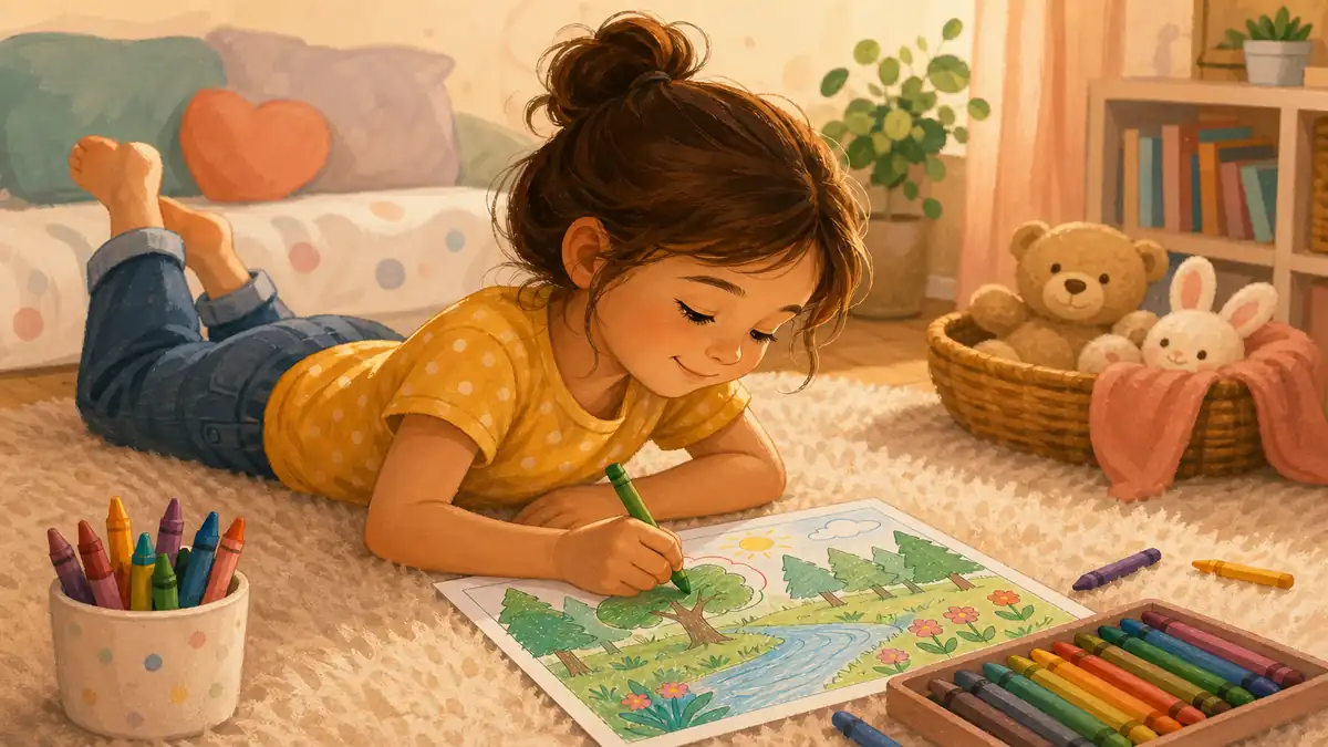 Child relaxing with coloring pages as a calming technique