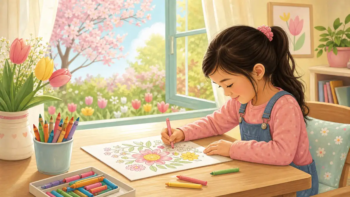 Child doing spring coloring activities at home
