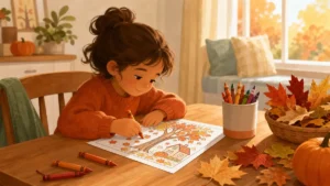 Child doing fall coloring activities at home