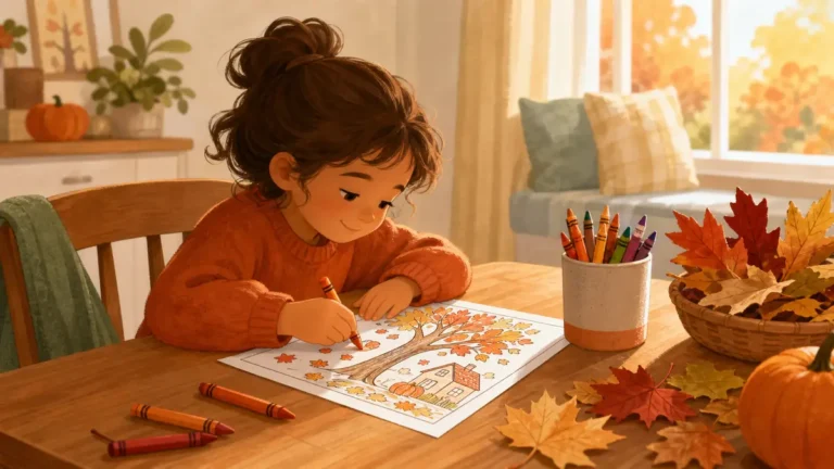 Child doing fall coloring activities at home