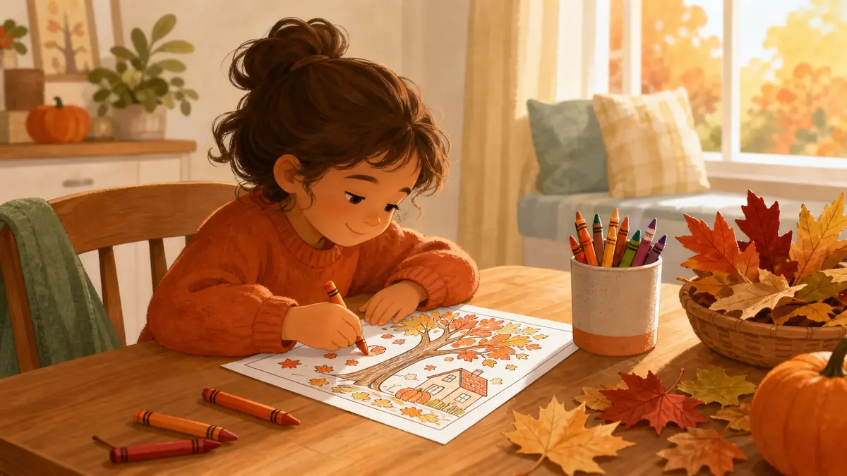 Child doing fall coloring activities at home