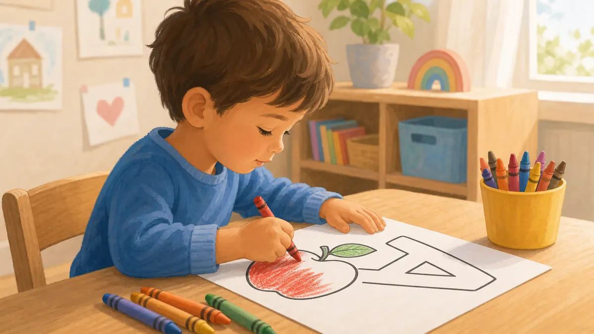 Child learning letters by coloring alphabet pages
