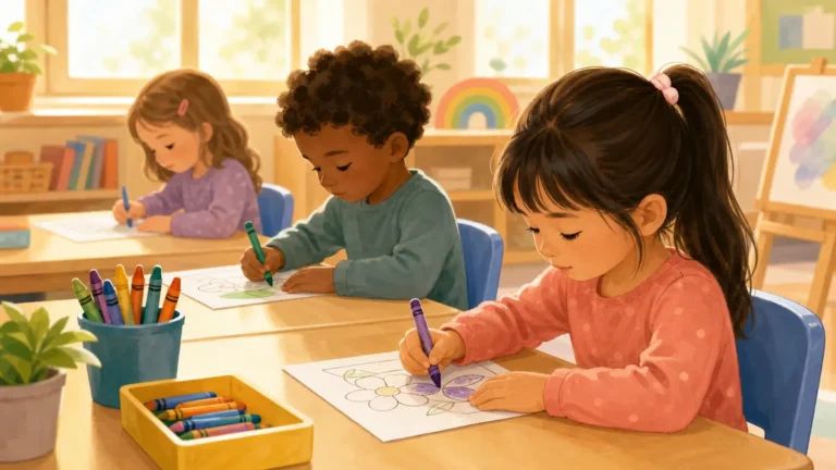 Kindergarten students doing morning work coloring pages