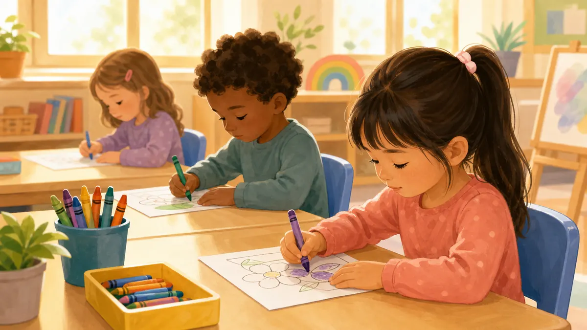 Kindergarten students doing morning work coloring pages