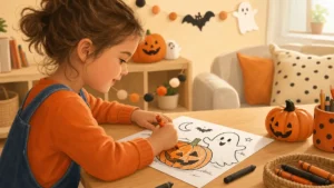 Child doing Halloween coloring activities at home