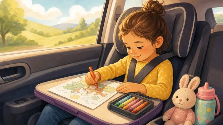 Child coloring in the car on a road trip