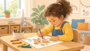 Four-year-old child doing screen-free coloring activity