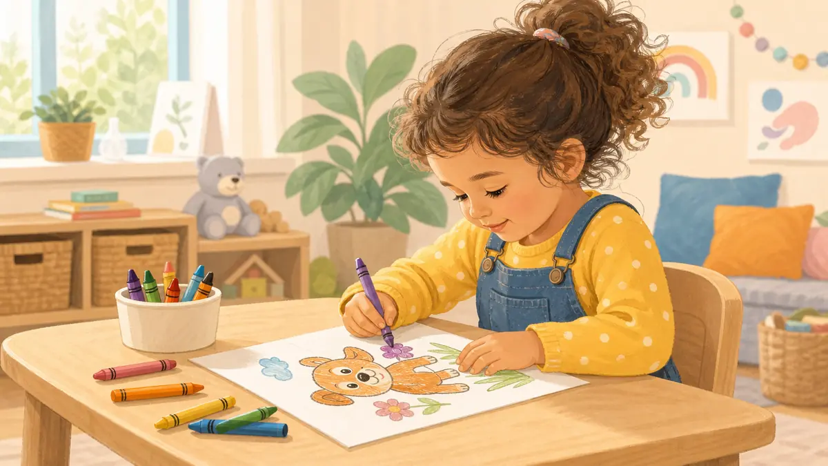 Four-year-old child doing screen-free coloring activity