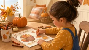 Child doing Thanksgiving coloring activities at home