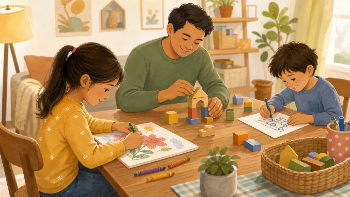 Family doing a digital detox with screen-free activities including coloring