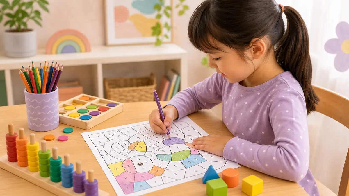 Child using color-by-number page to practice math and number recognition