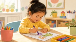 Preschool child doing educational coloring activity for early learning