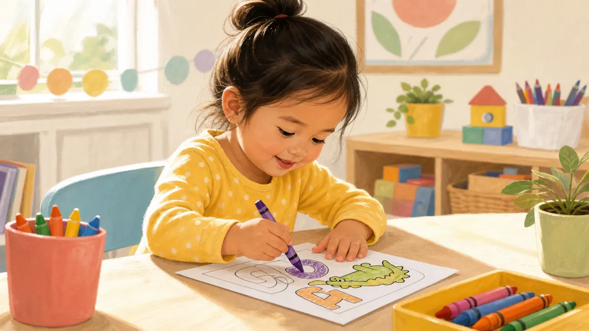 Preschool child doing educational coloring activity for early learning