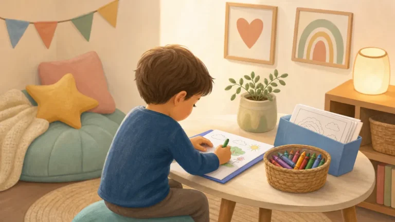 Calm-down corner with coloring pages and cozy supplies for kids' emotional regulation