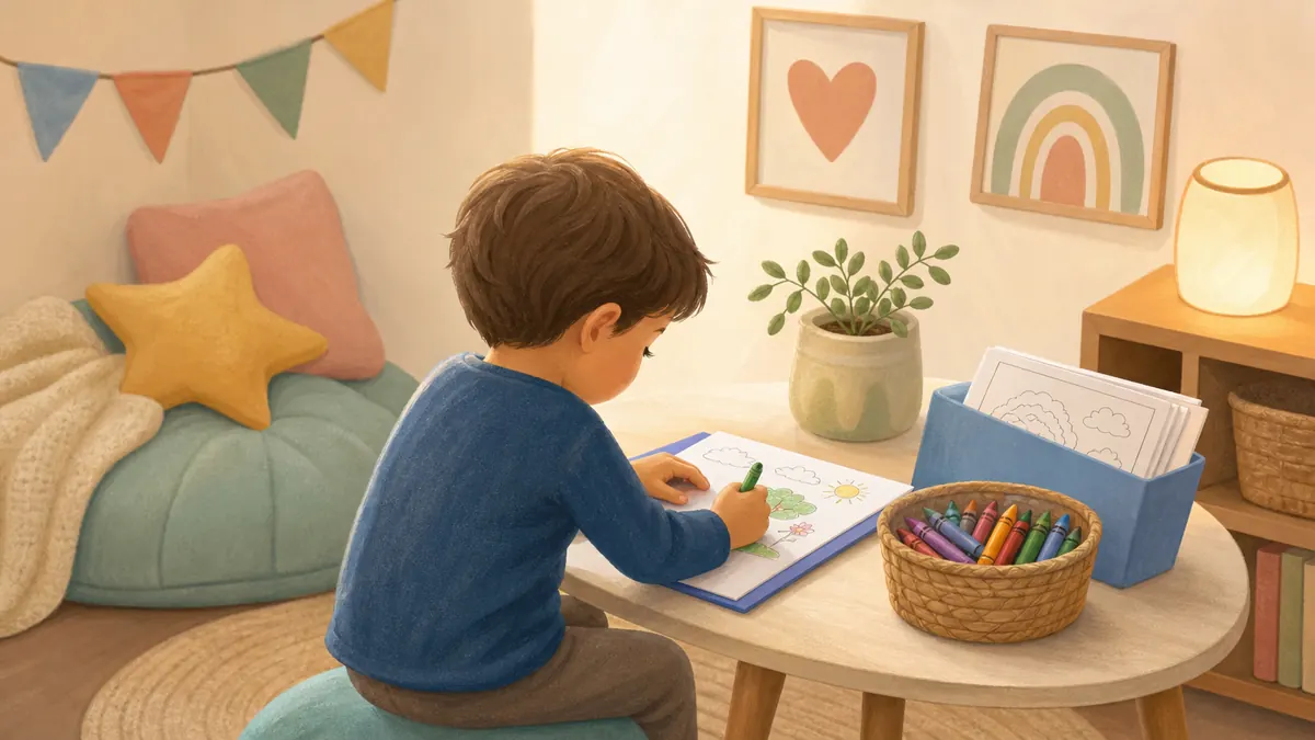 Calm-down corner with coloring pages and cozy supplies for kids' emotional regulation