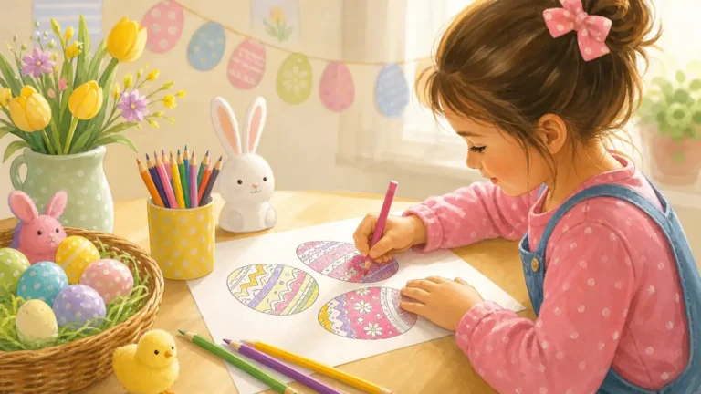 Child doing Easter coloring activities with colorful egg designs