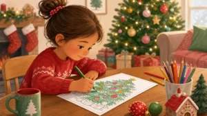 Child doing Christmas coloring activity at home during holiday season