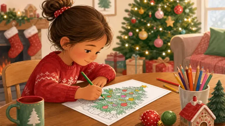 Child doing Christmas coloring activity at home during holiday season