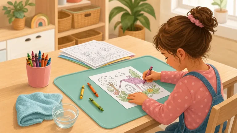 Low-mess coloring station setup for kids with silicone mat and organized supplies