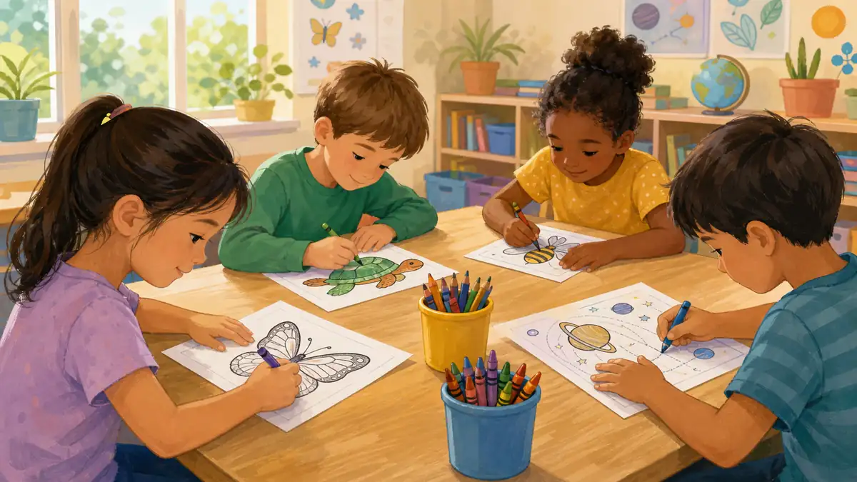 Students using classroom coloring pages for learning activities