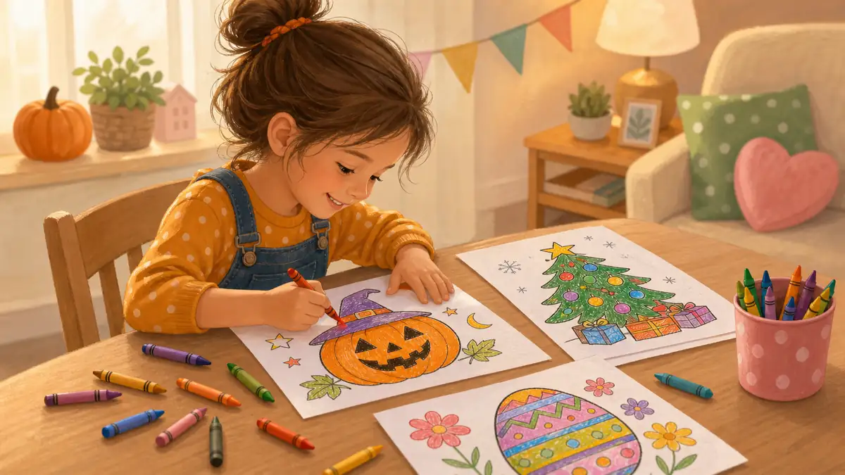 Child doing holiday coloring activities with seasonal themed pages