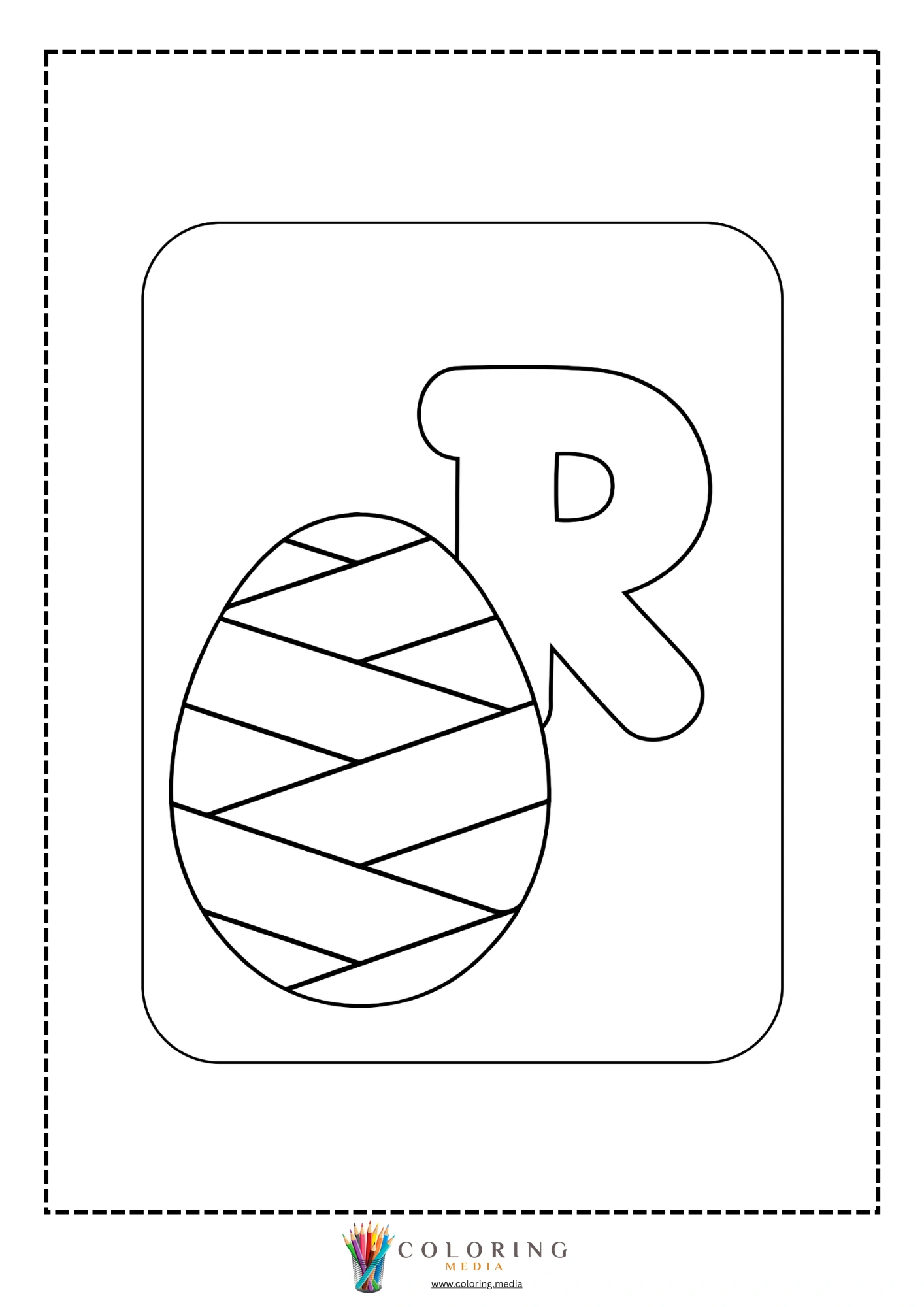 Letter R with Easter egg with diagonal line crosshatch pattern