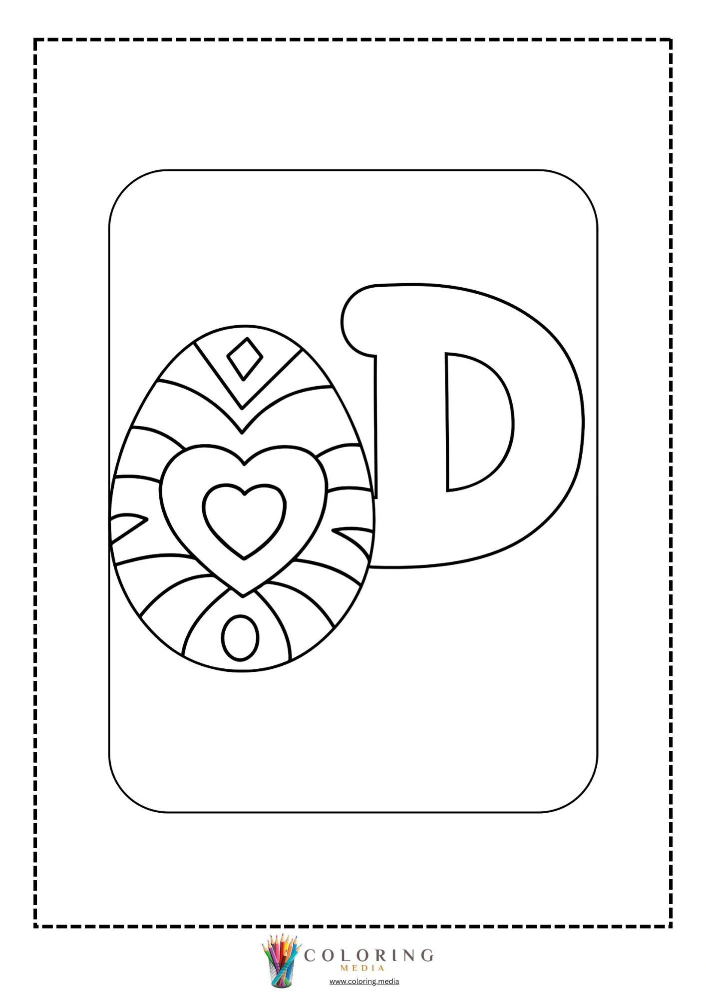 Letter D with Easter egg decorated with hearts and diagonal stripes