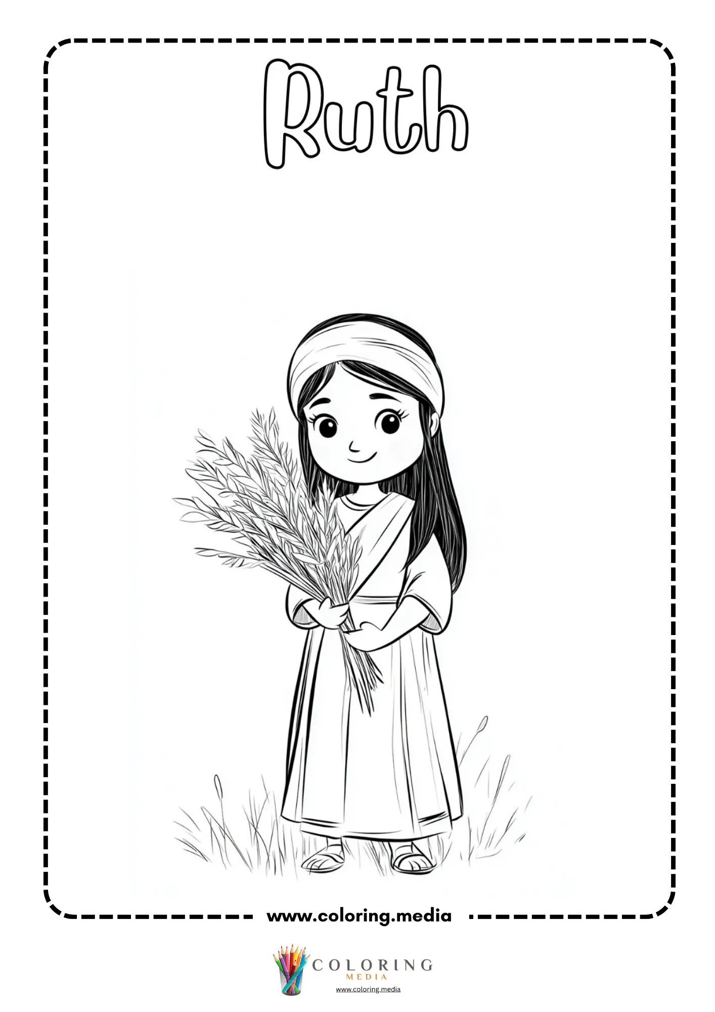 Ruth girl holding bundle of wheat in field