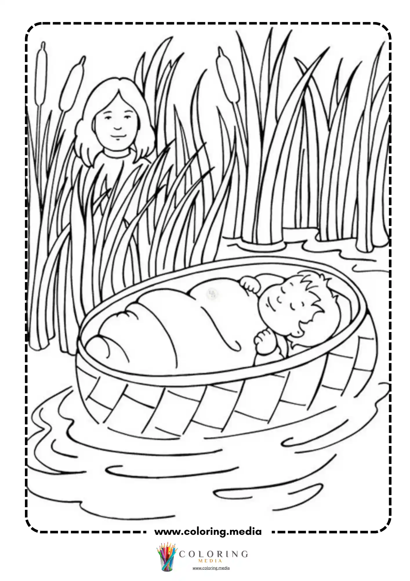Baby Moses in basket among reeds watched by sister