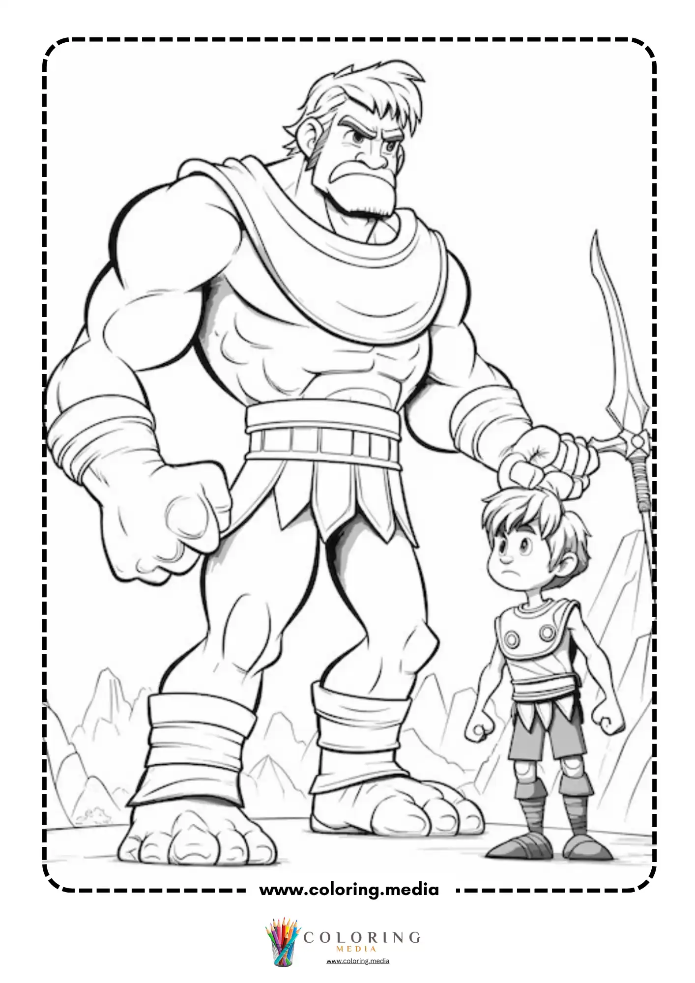 Giant Goliath towering over small boy David with spear