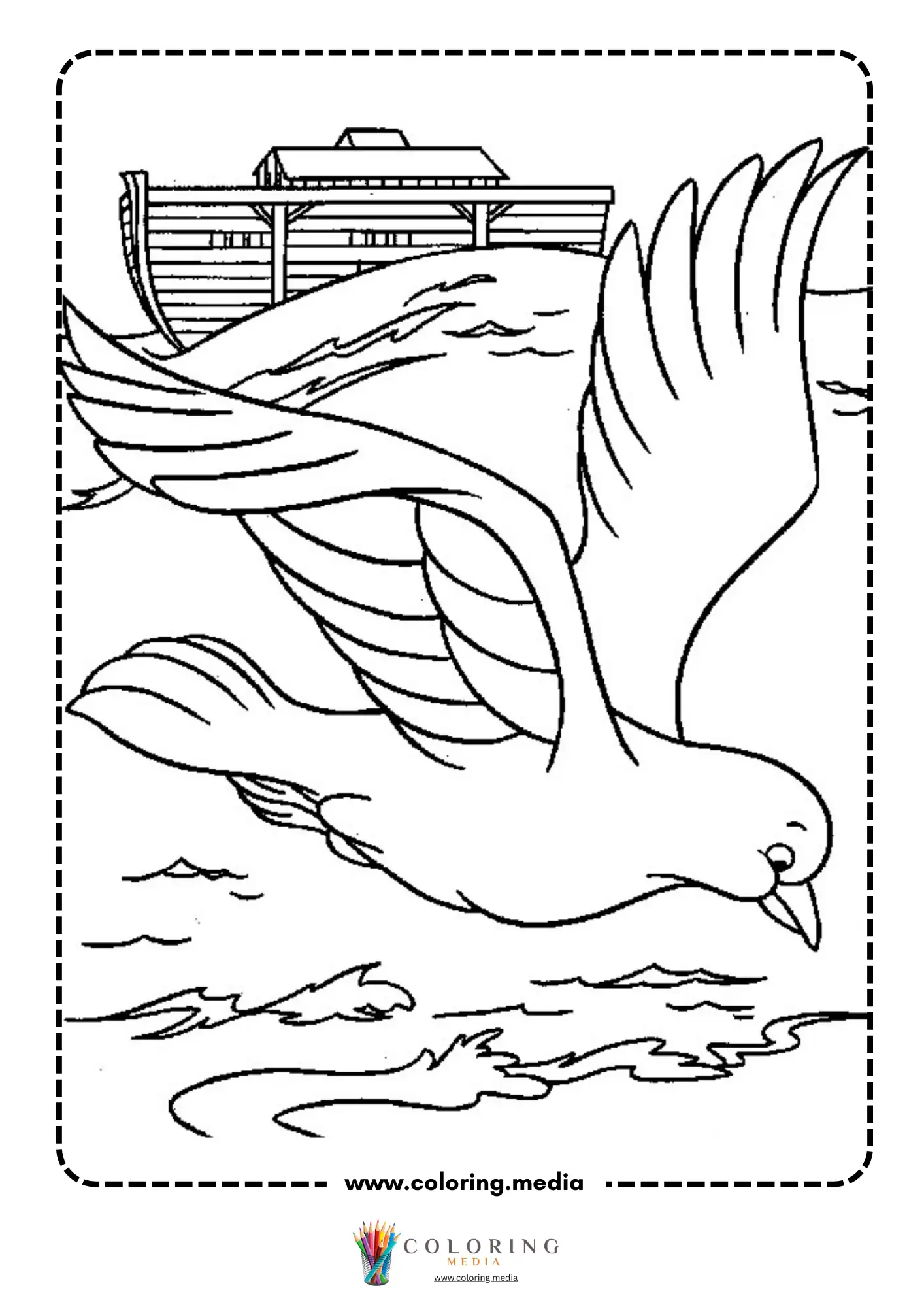 Dove flying from Noah ark over rising floodwaters
