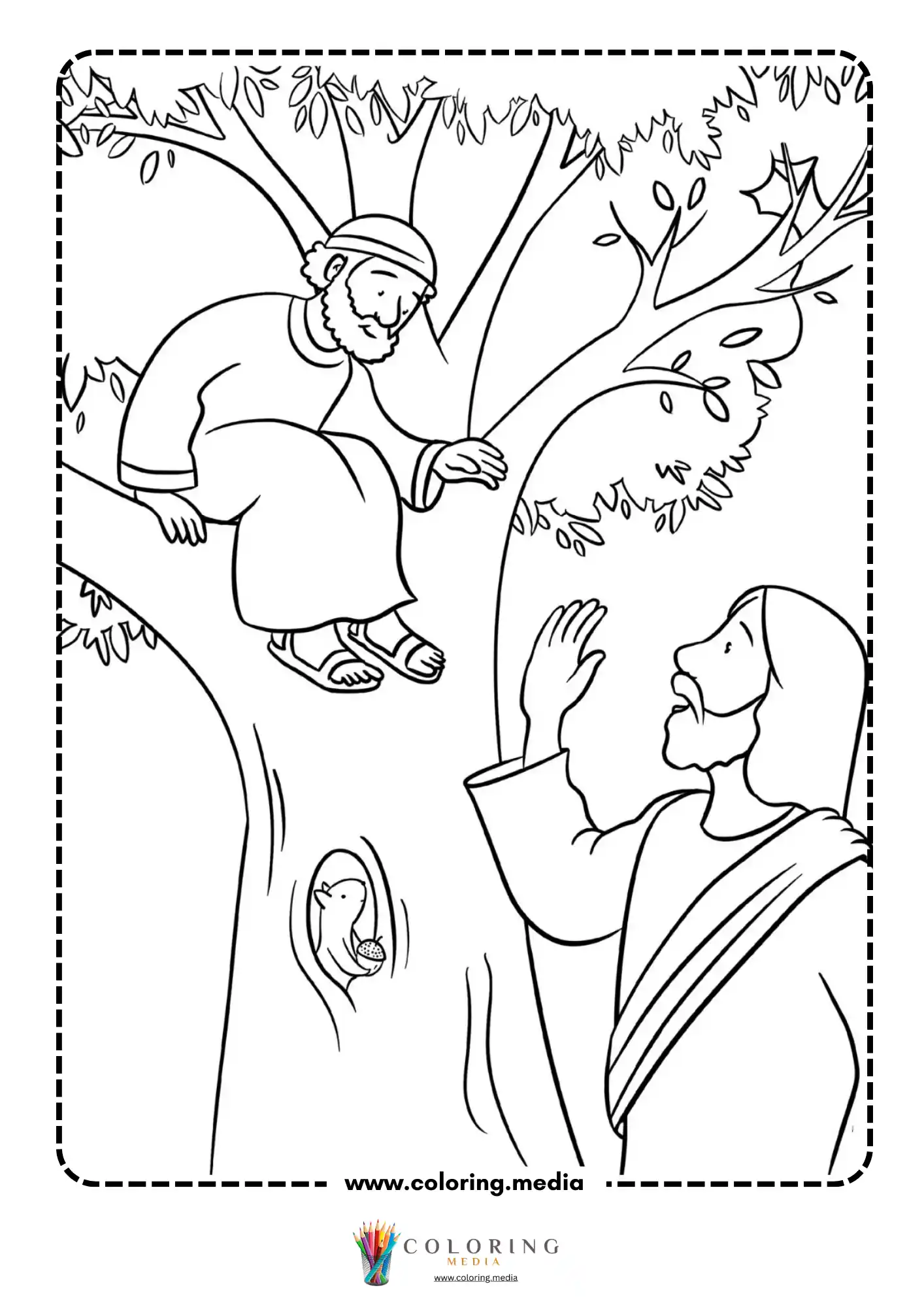 Zacchaeus sitting in tree as Jesus looks up at him