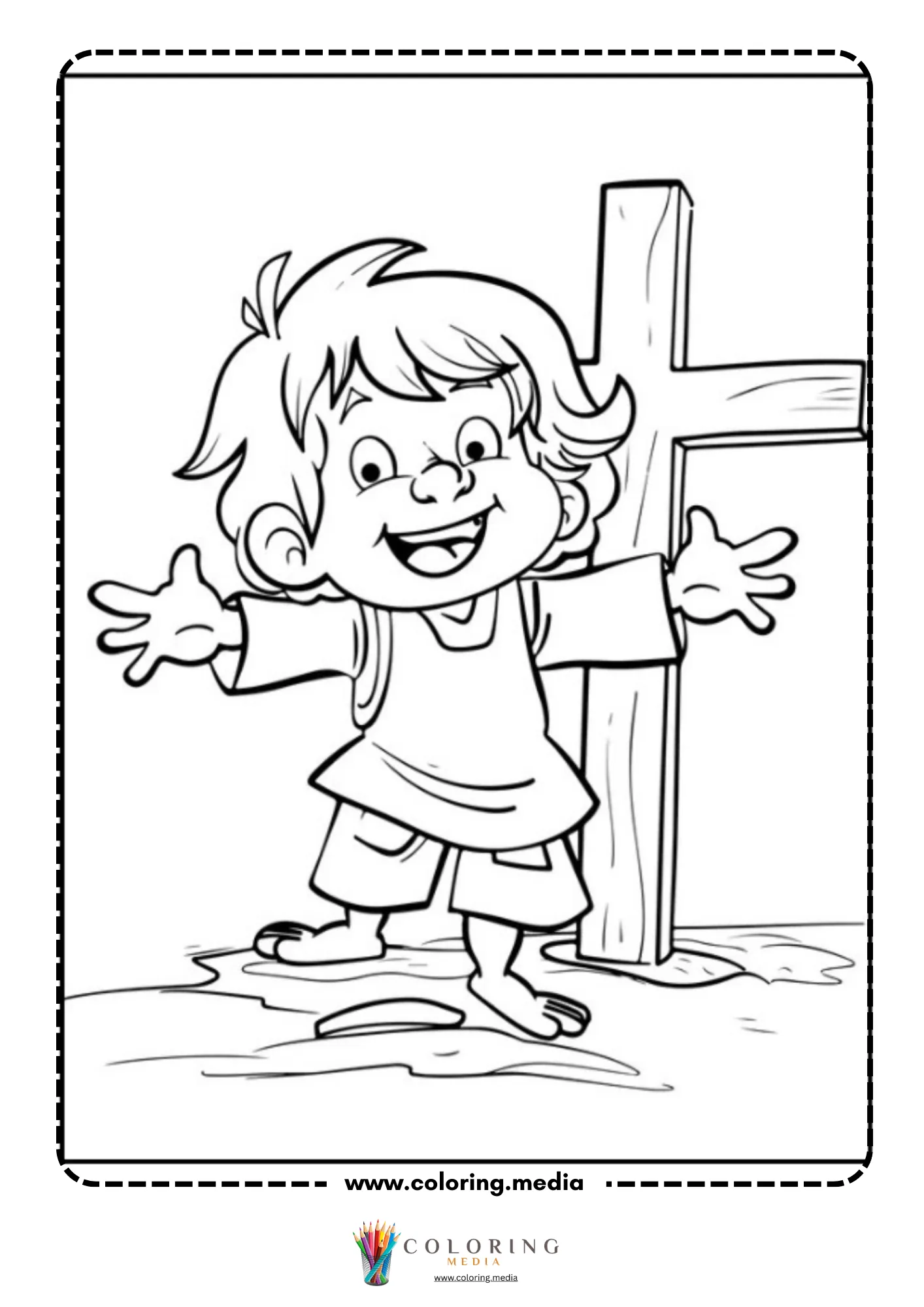 Happy child standing arms wide before large wooden cross
