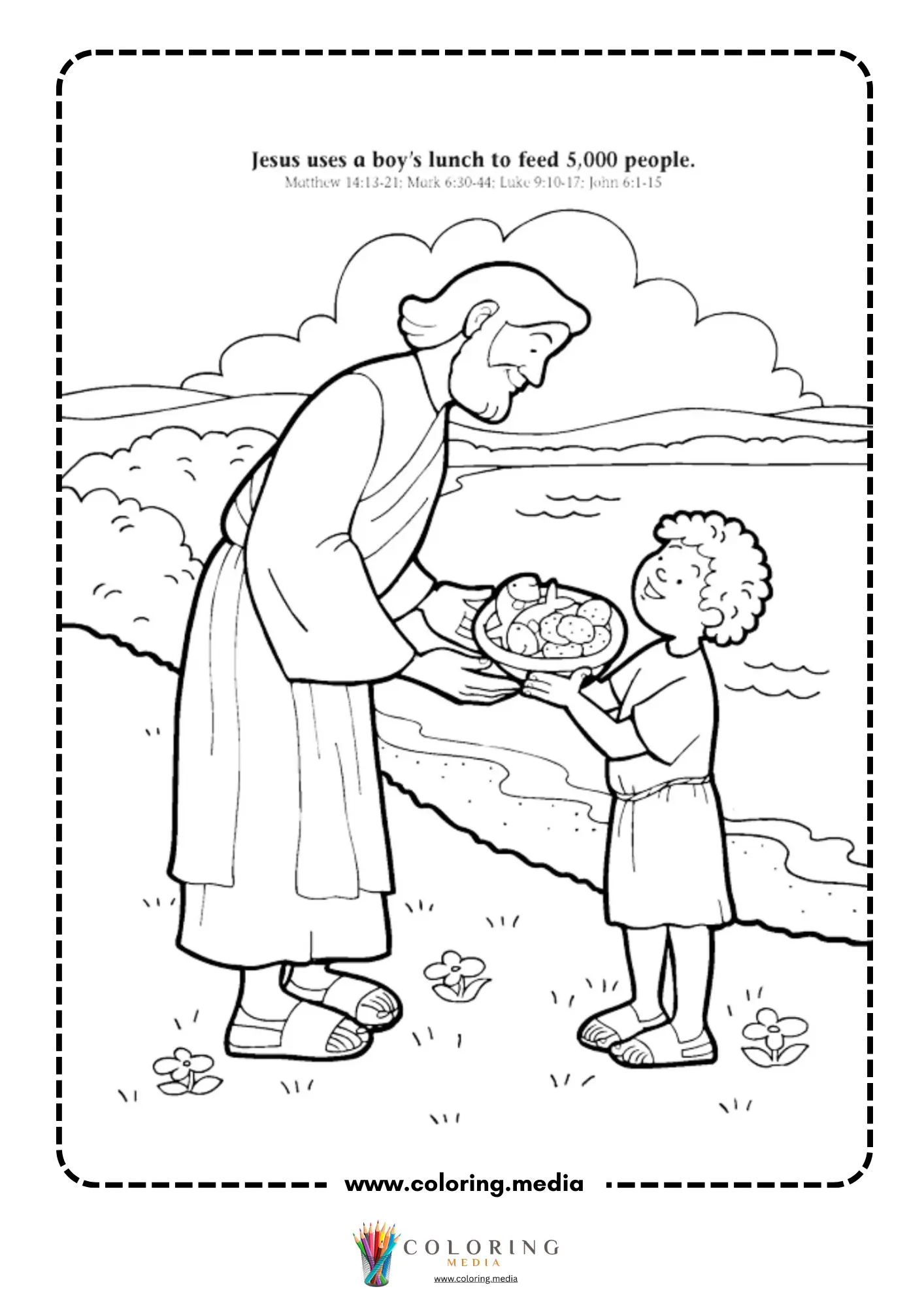 Jesus receives boy lunch of loaves and fish by sea