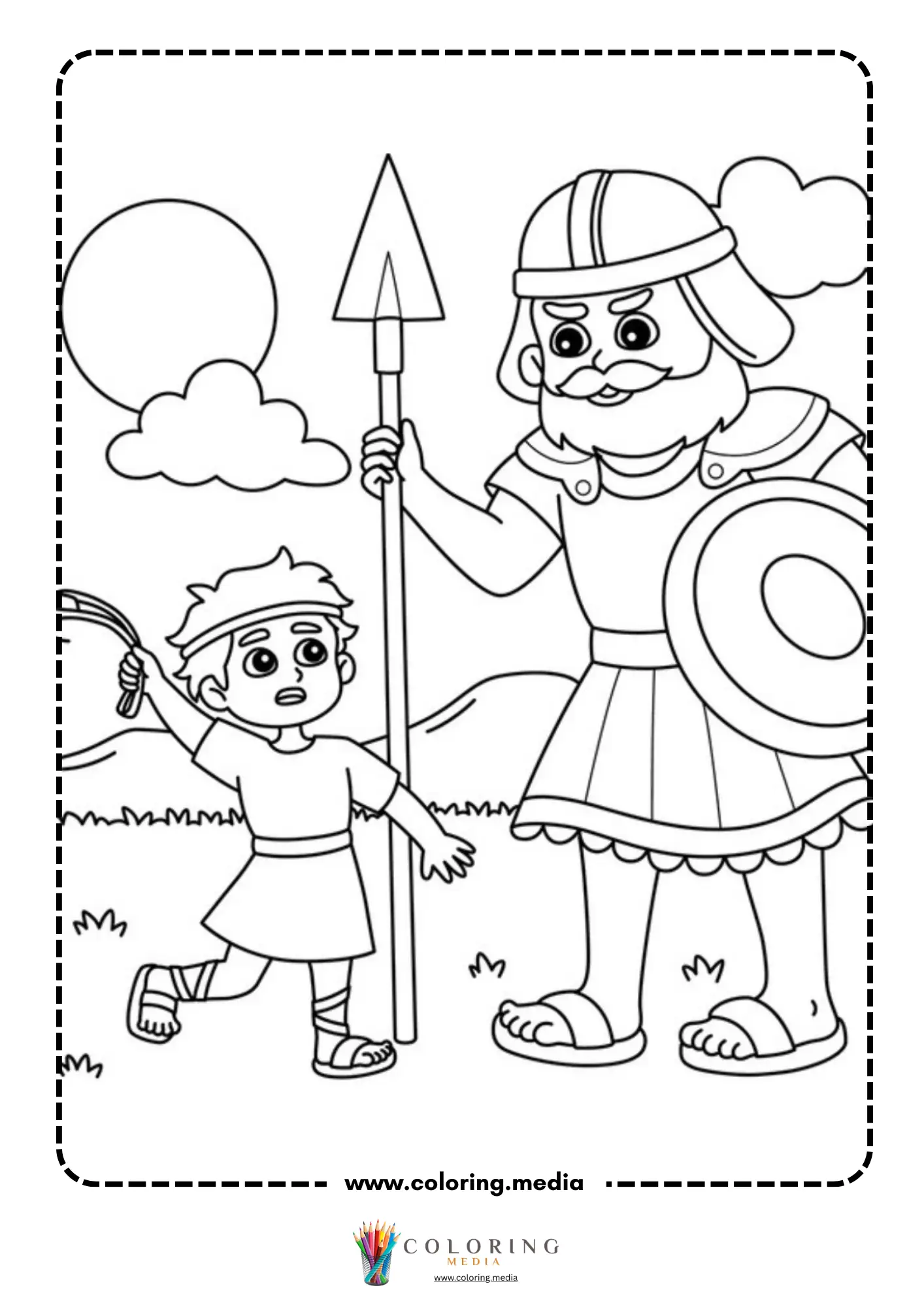 Young David with sling facing giant Goliath warrior