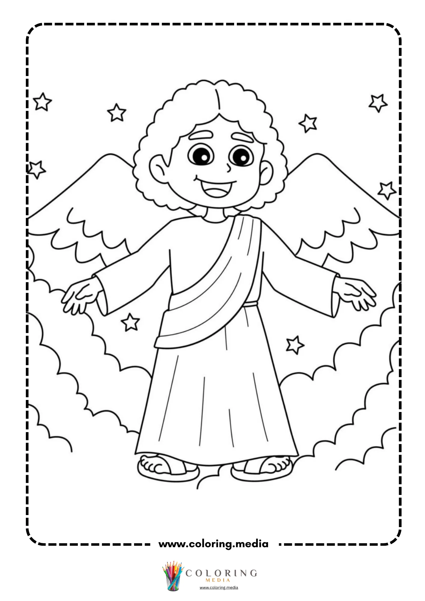Smiling angel with wings among stars and clouds