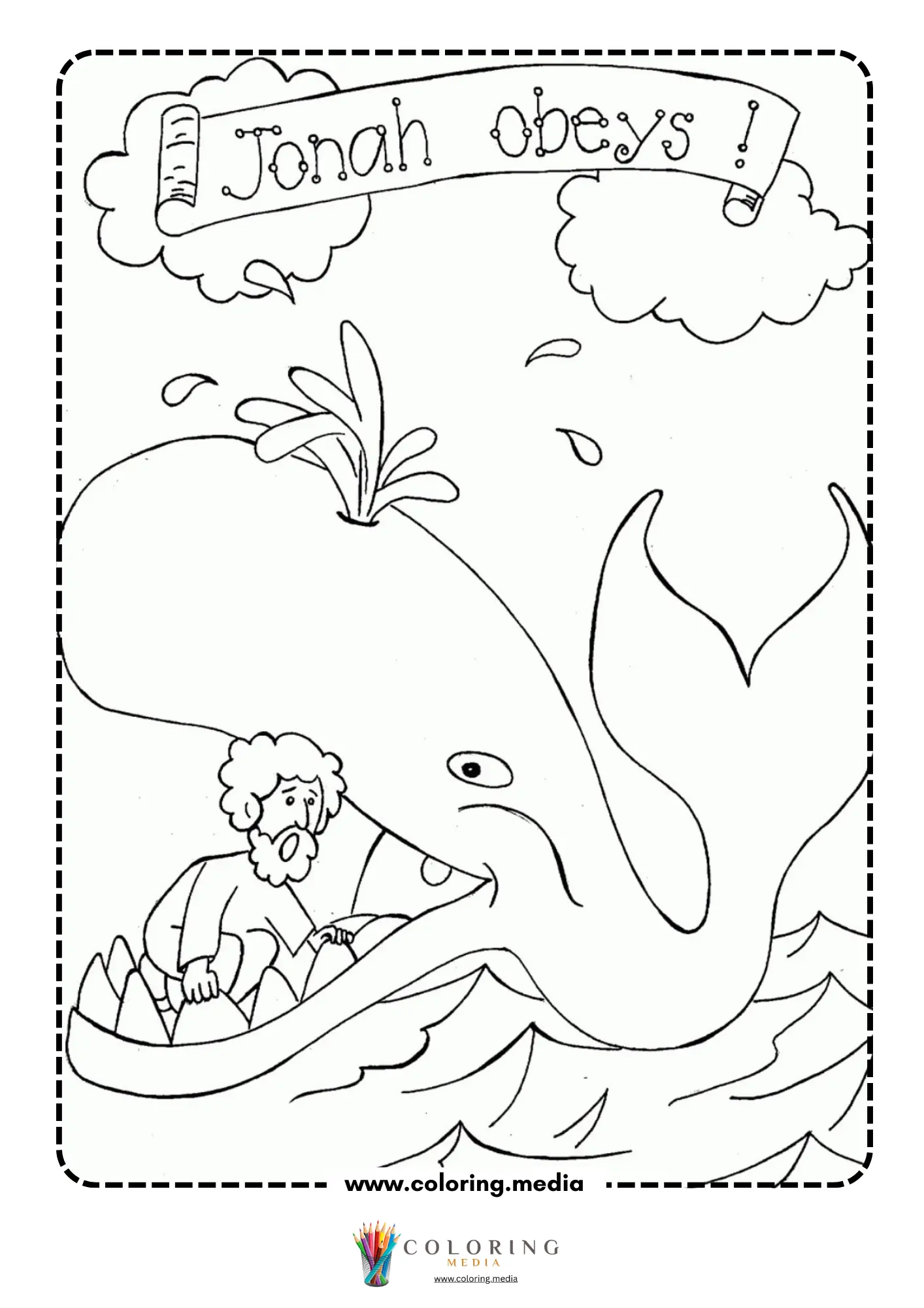 Jonah obeys — man beside large whale in ocean waves