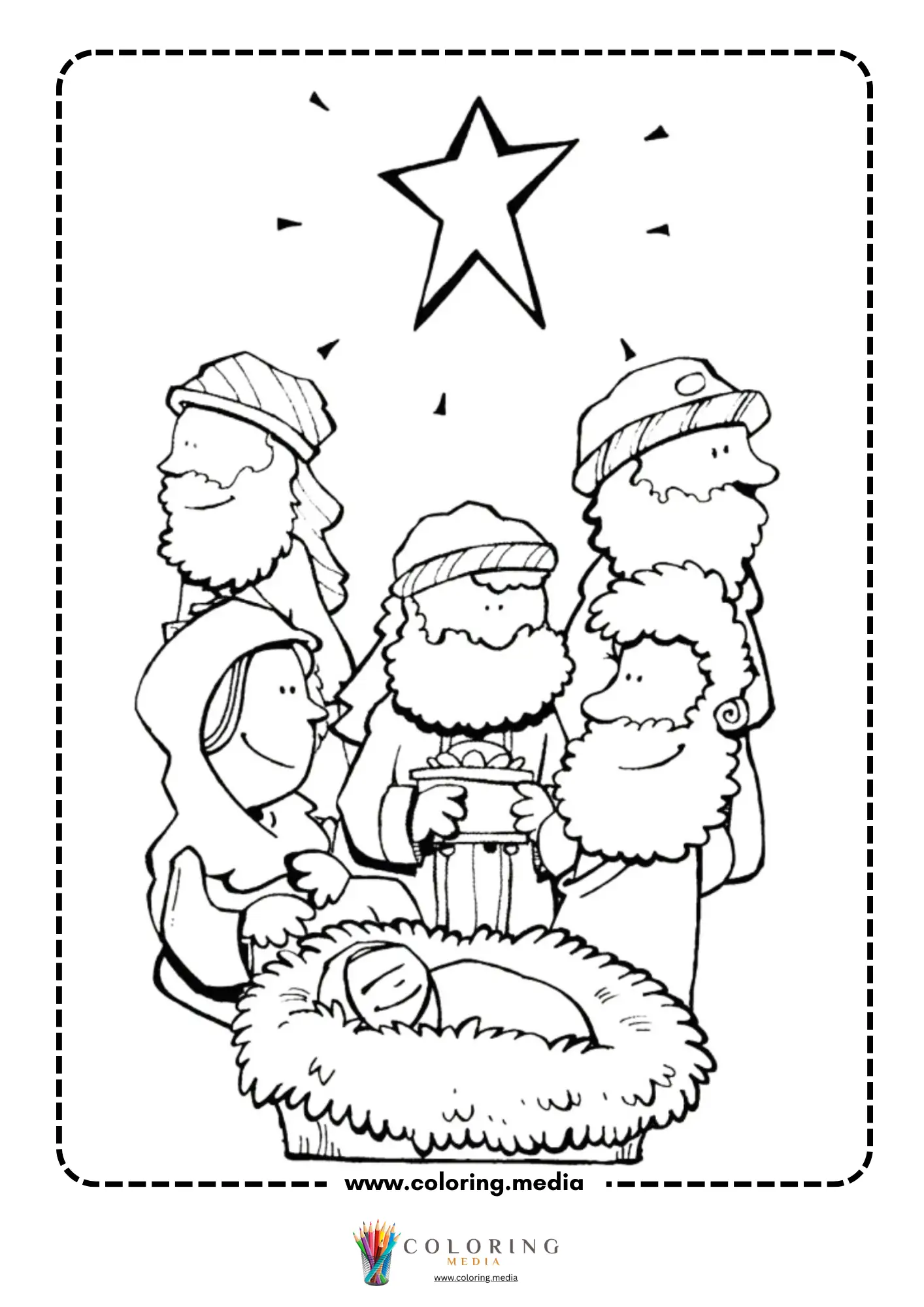 Three wise men with gifts around baby Jesus in manger