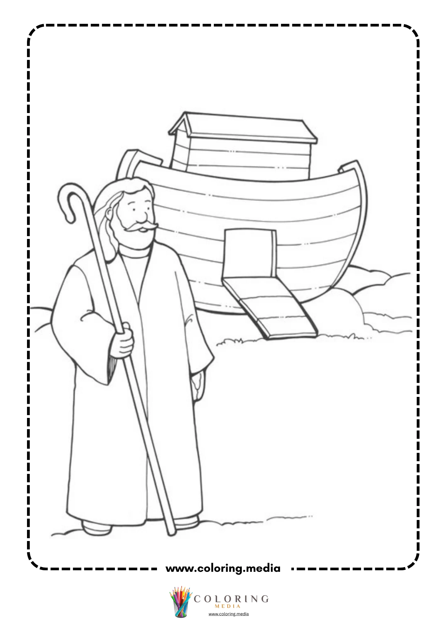 Noah standing before the ark holding walking staff