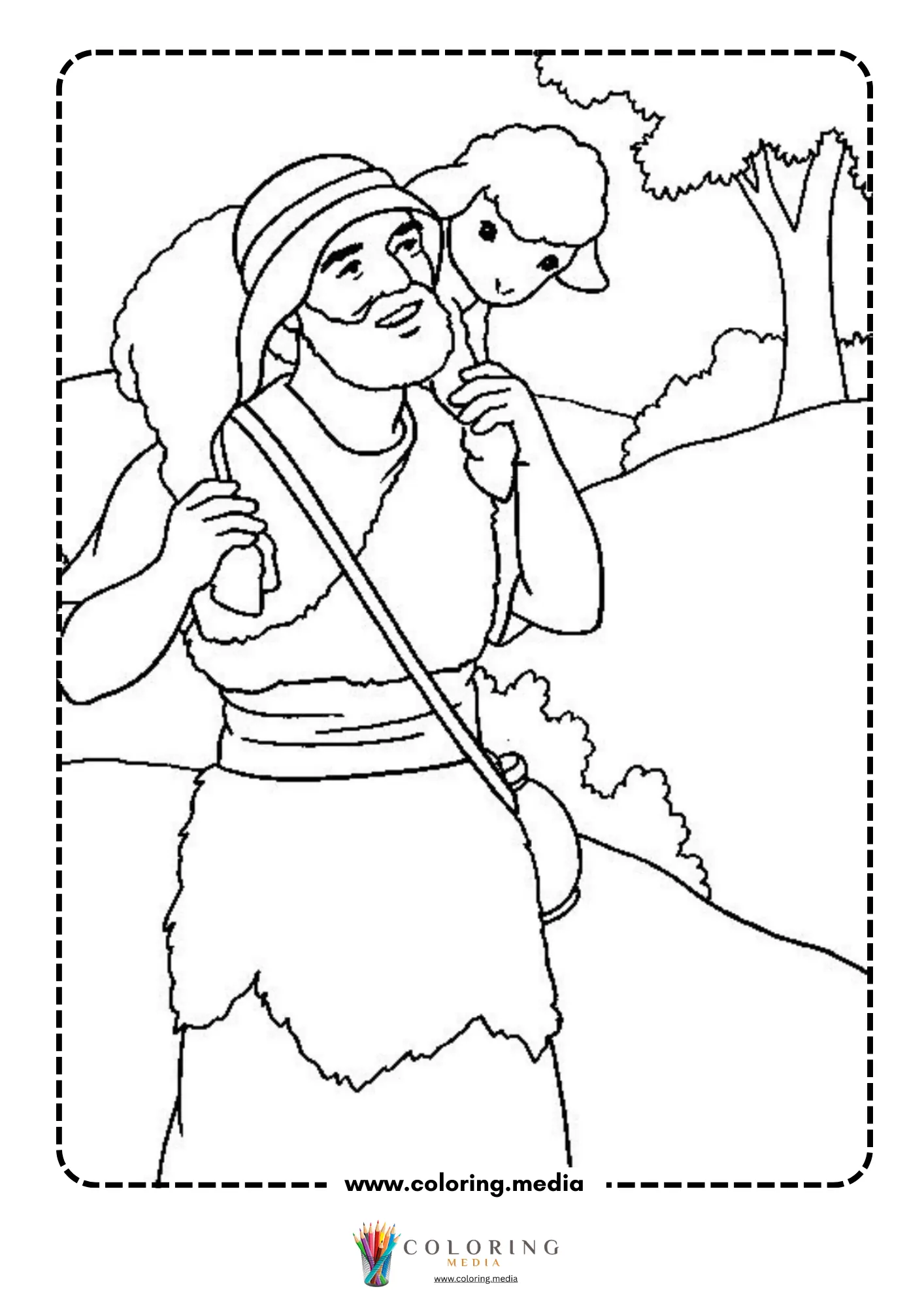 Good shepherd carrying lost sheep on his shoulders