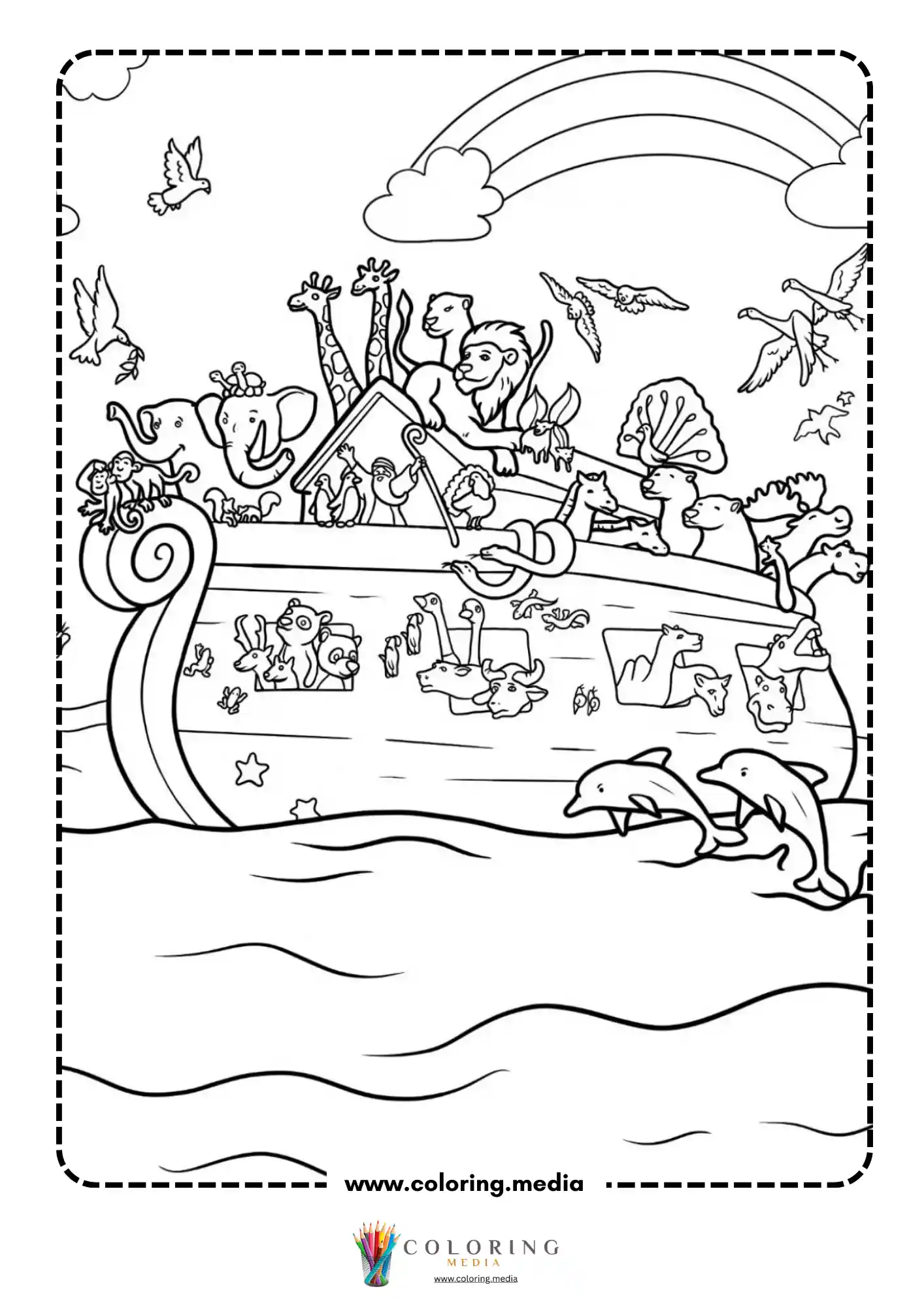 Noah ark packed with animals under a rainbow