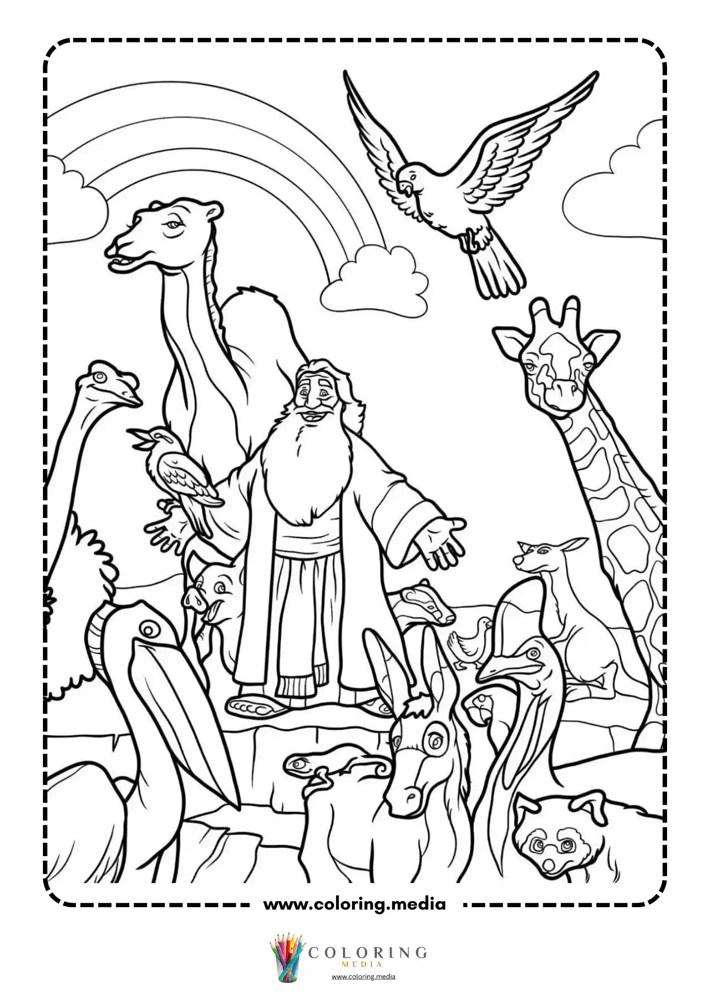 Animals boarding Noah's ark with rainbow above