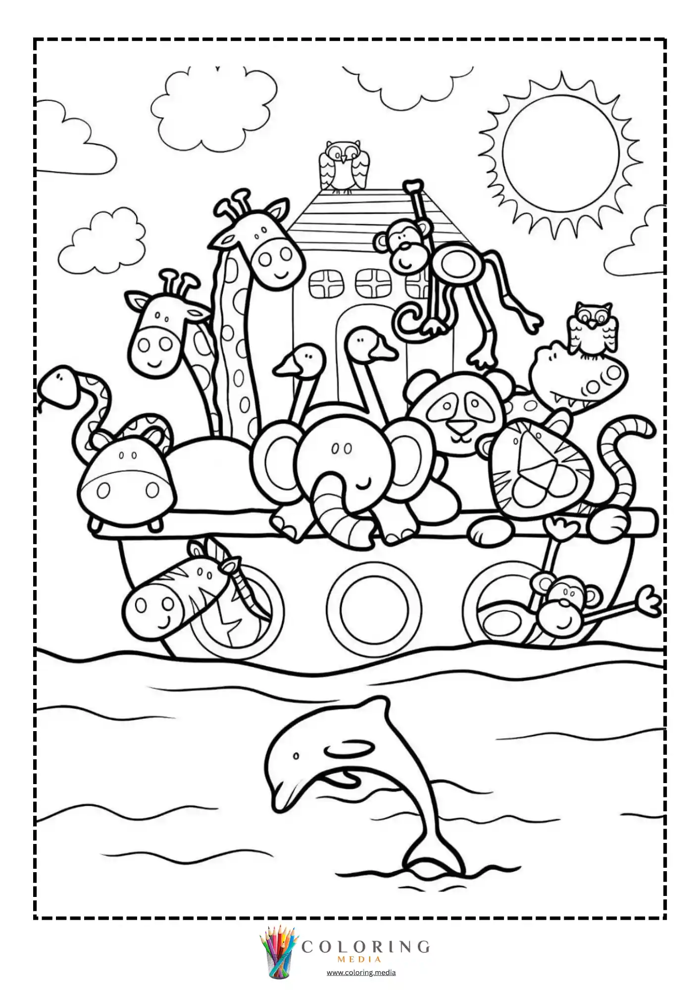 Ark with rainbow and animals on hillside