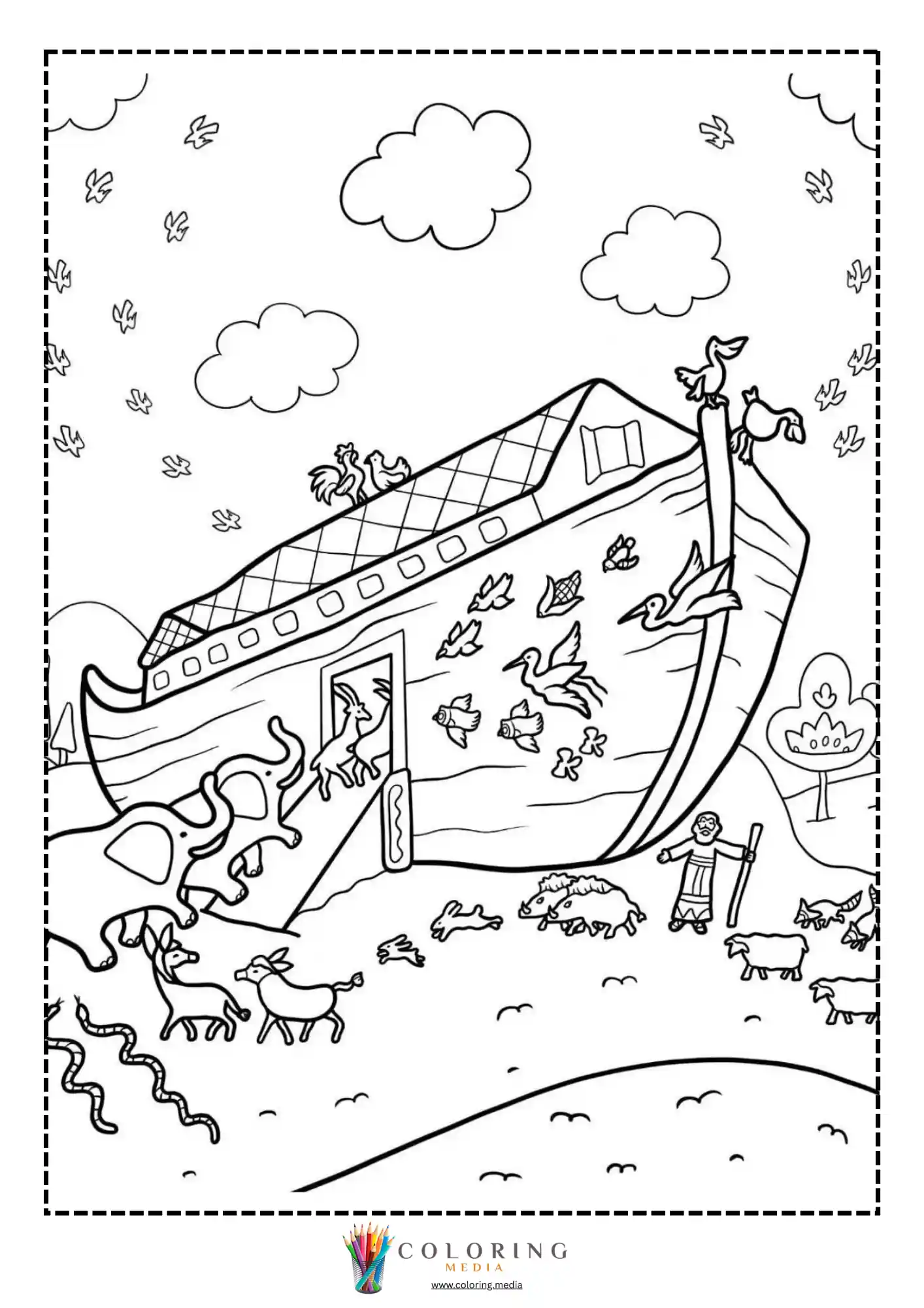 Noah building the ark with tools