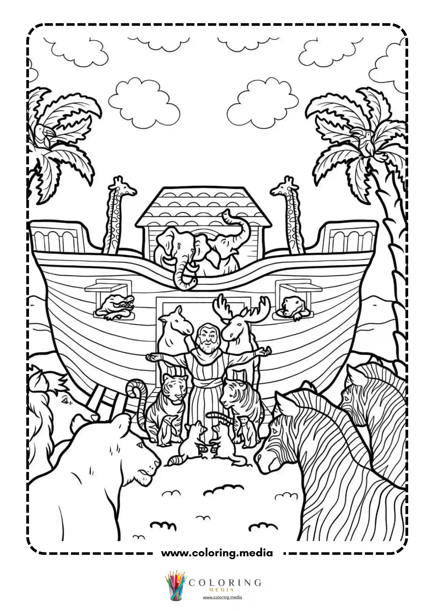 Ark surrounded by animals and ocean waves