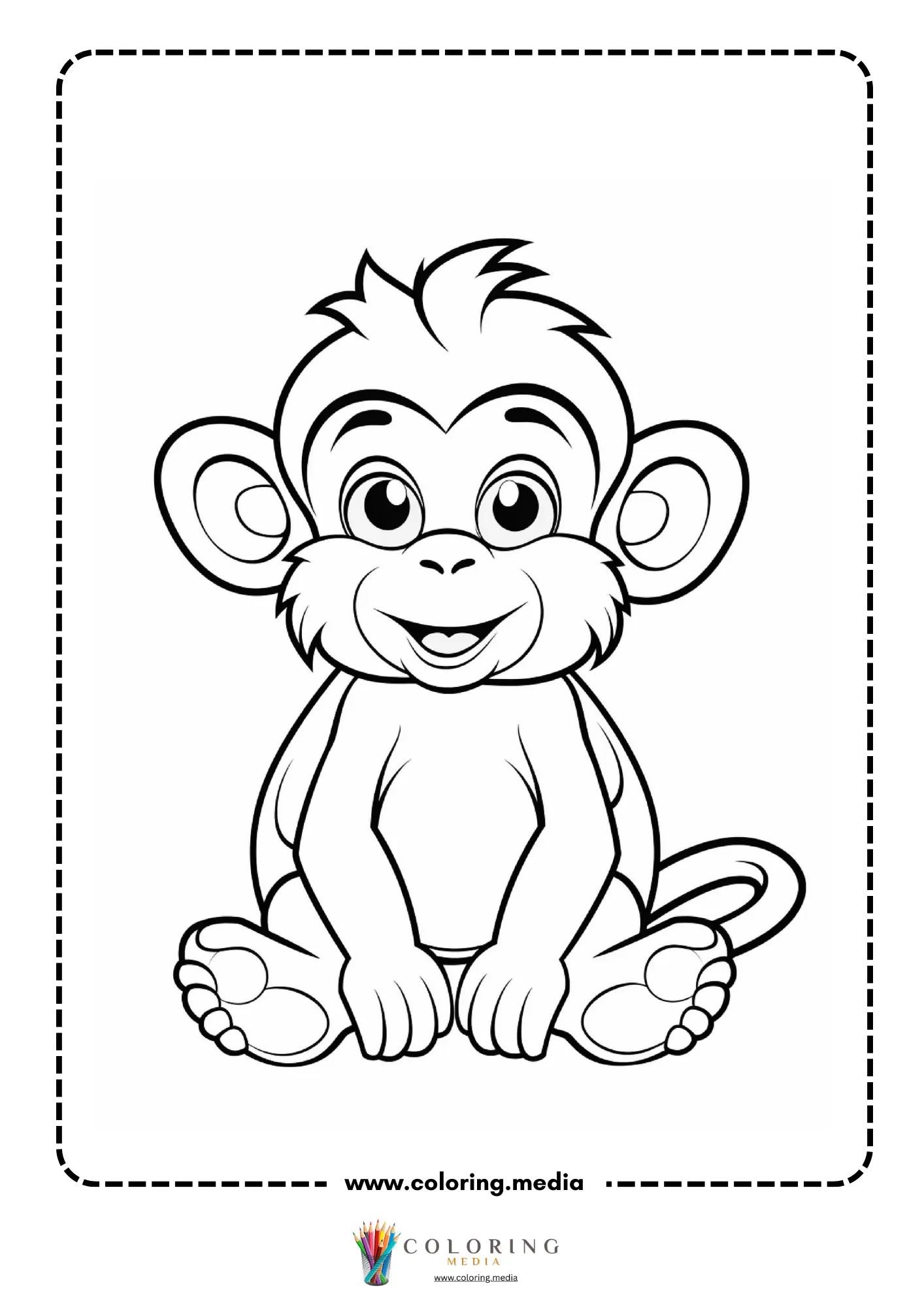Smiling baby monkey sitting with curled tail