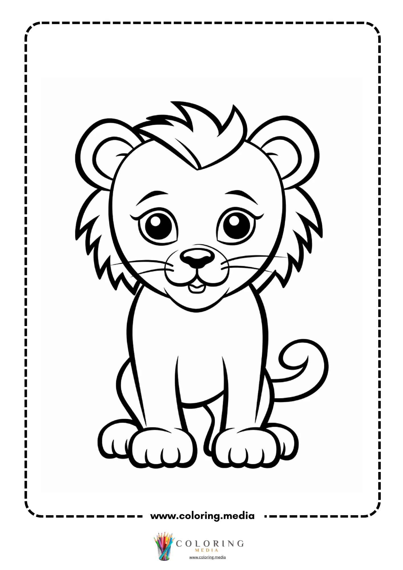 Bold young lion cub sitting with simple mane