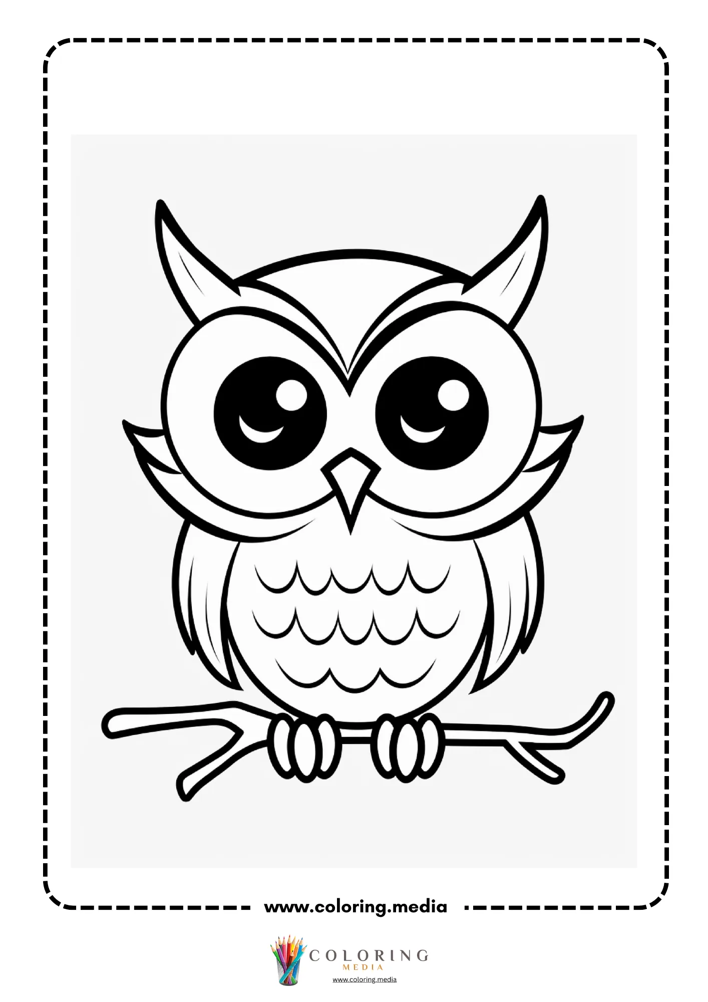 Cute owl sitting on branch with feather details