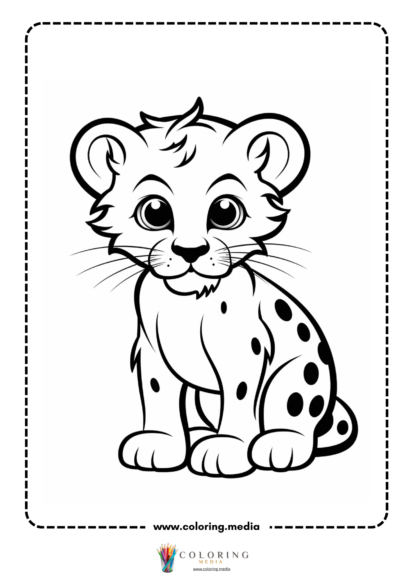 Baby cheetah cub sitting with bold spots and big eyes